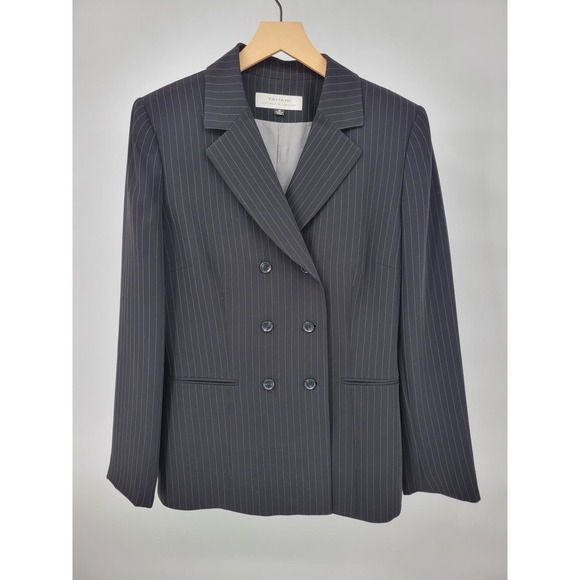 Tahari Pinstripe Double Breasted Black Blazer Jacket 10 Charcoal - Picture 1 of 13